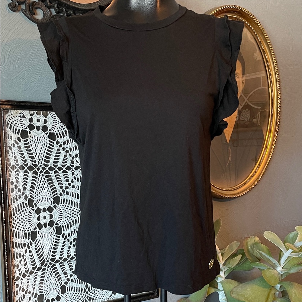 Michael Kors Black Ruffle Sleeve Muscle Tee